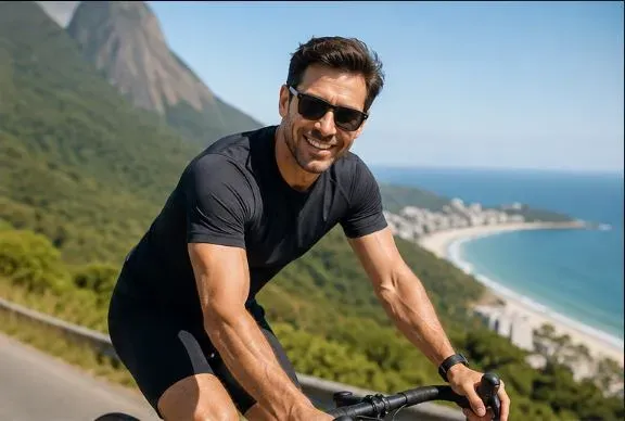 Homem pedalando em uma estrada de litoral