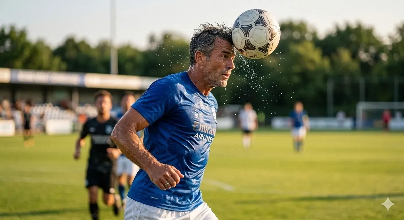 Homem cabeceando uma bola durante uma partida de futebol