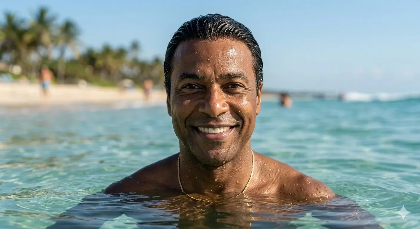 Homem nadando no mar com o cabelo molhado, prótese capilar no lugar