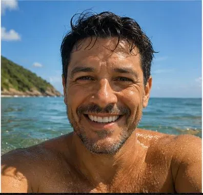 Homem sorrindo na praia com o cabelo molhado depois do banho de mar